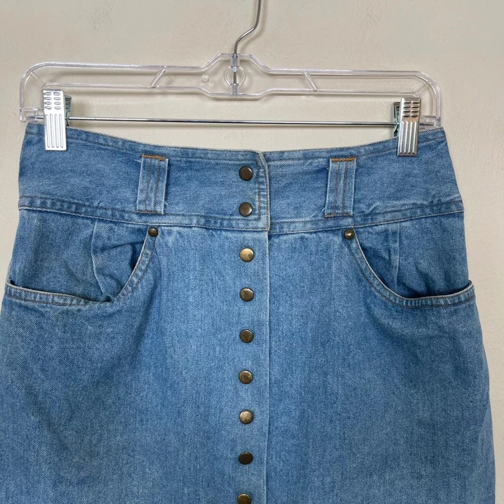 Vintage St & Company Denim Midi Skirt Women 10 Blue Button Front High Waist